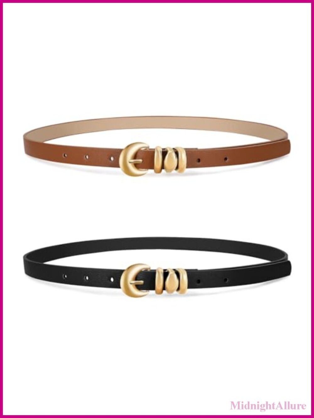 2 Pack Women's Skinny Faux Leather Belts Thin Waist Belt Gold Buckle